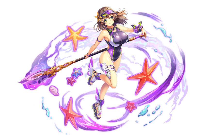 aura breasts brown_hair competition_swimsuit covered_navel dark_aura forseti_(kami_project) green_eyes holding holding_lance holding_weapon kami_project lance lance_behind_back large_breasts leg_wings legband looking_at_viewer official_art one-piece_swimsuit polearm purple_swimsuit sandals short_hair smile starfish swimsuit water weapon