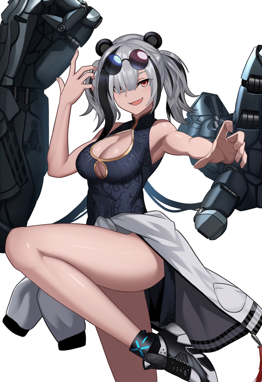 1girl :d animal_ears arknights armpits bare_arms bare_legs bare_shoulders black_dress cero_(last2stage) china_dress chinese_clothes clothes_around_waist dress eyewear_on_head feater_(arknights) gold_trim grey_hair grey_jacket hair_over_one_eye hand_up highres jacket jacket_around_waist knee_up long_hair looking_at_viewer mechanical_arms multicolored_hair open_mouth outstretched_arm panda_ears pelvic_curtain red_eyes round_eyewear shoes simple_background sleeveless sleeveless_dress smile sneakers socks solo streaked_hair sunglasses thighs twintails white_background