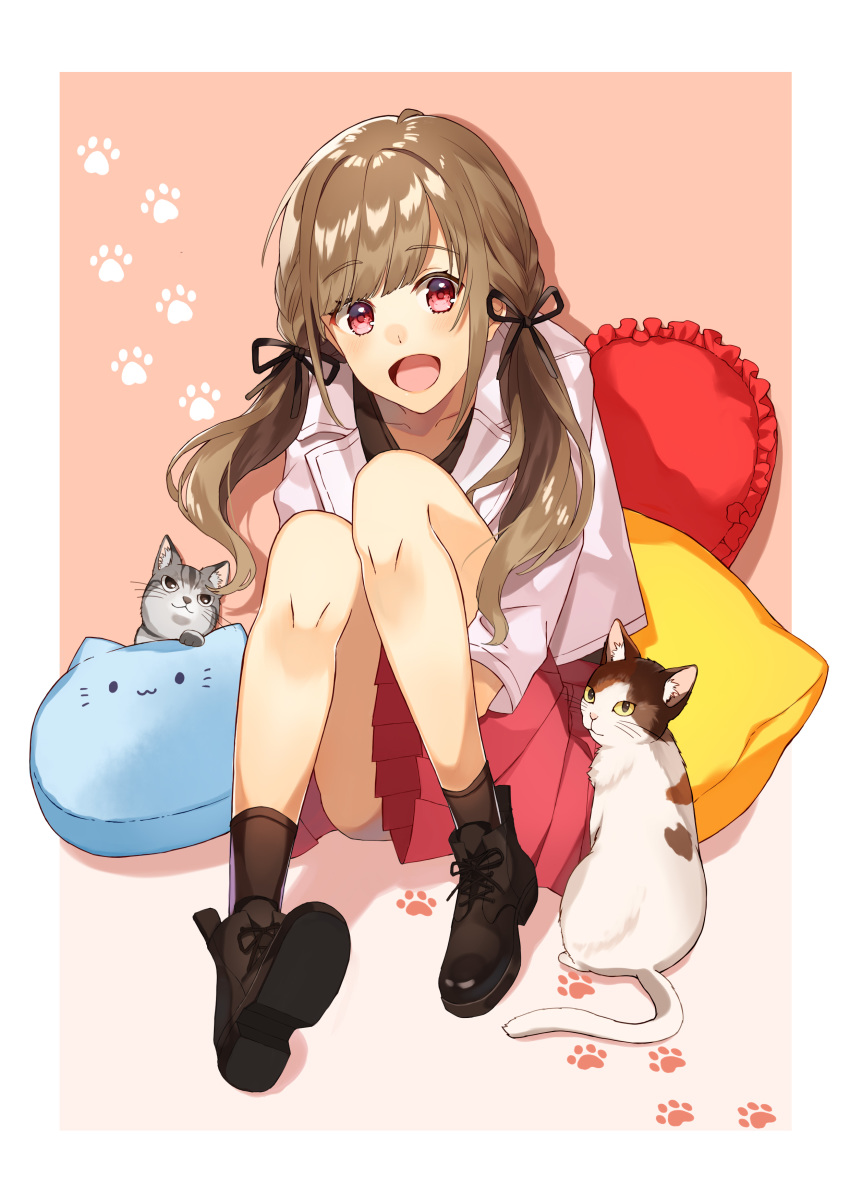 1girl :d absurdres brown_footwear brown_hair brown_legwear cat cat_pillow full_body gradient gradient_background highres looking_at_viewer low_twintails mochidukii open_mouth original paw_print pink_background red_eyes red_skirt sitting skirt smile socks solo twintails