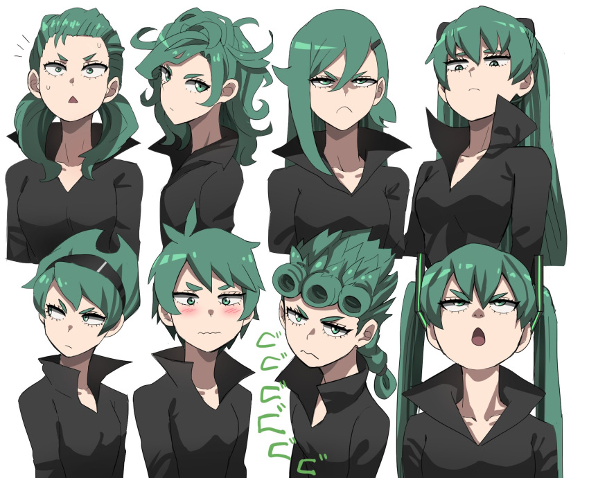 1girl bangs black_dress blush collared_dress cosplay cosplay_request cropped_torso curly_hair dress giorno_giovanna green_eyes green_hair hair_between_eyes hair_ornament hairband hairclip hatsune_miku hatsune_miku_(cosplay) highres jojo_no_kimyou_na_bouken jourd4n long_hair looking_at_viewer mandy mandy_(cosplay) medium_hair multiple_views neon_genesis_evangelion one-punch_man open_mouth short_hair simple_background souryuu_asuka_langley souryuu_asuka_langley_(cosplay) tatsumaki the_grim_adventures_of_billy_&amp;_mandy twintails upper_body vento_aureo vocaloid white_background
