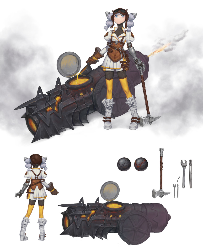 1girl absurdres armor belt bgy blacksmith blue_eyes brown_gloves brown_headwear character_sheet clawed_gauntlets closed_mouth collarbone facial_scar gauntlets gloves goggles goggles_on_head grey_hair gun hammer highres holding holding_hammer holding_weapon long_hair molten_rock original pouch pouring scar simple_background single_gauntlet smoke solo turtleneck weapon white_background white_footwear wrench yellow_legwear