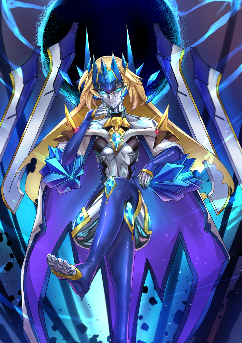 1girl absurdres bare_shoulders blazblue blonde_hair blue_eyes breasts cloak collarbone crossed_legs dark_persona english_commentary forehead_protector glowing glowing_eyes grey_skin half-closed_eyes headgear highres huge_filesize ibenz009 long_hair mecha_musume metal_skin mu-12 nail_polish shiny shiny_skin small_breasts smile solo toeless_legwear tsurime under_boob