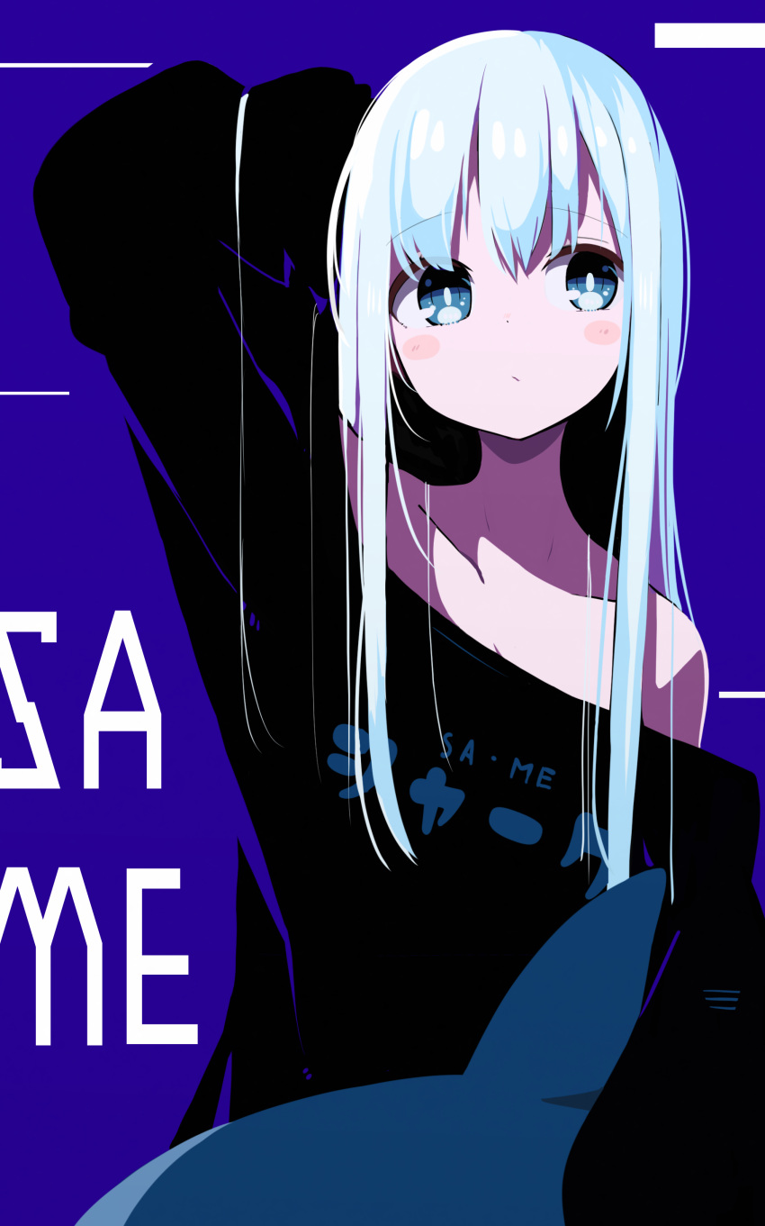 1girl absurdres arm_up background_text bangs bare_shoulders black_shirt blue_eyes blush_stickers closed_mouth clothes_writing collarbone commentary_request eyebrows_visible_through_hair hair_between_eyes highres long_hair long_sleeves off-shoulder_shirt off_shoulder okota_mikan original purple_background romaji_text shirt sleeves_past_fingers sleeves_past_wrists solo stuffed_animal stuffed_shark stuffed_toy translation_request upper_body white_hair