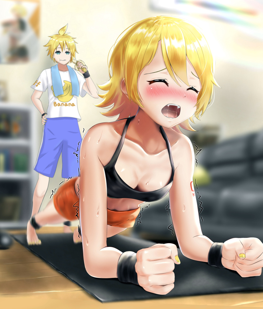 1boy 1girl absurdres air_conditioner ankleband banana banana_print blonde_hair blurry blurry_background blush clenched_hands closed_eyes commentary couch eating exercise food foreshortening fruit furrowed_eyebrows highres indoors itogari kagamine_len kagamine_rin mat nail_polish open_mouth orange_shorts planking shelf shirt short_hair shorts shoulder_tattoo spiky_hair sports_bra standing sweat t-shirt tattoo towel vocaloid wristband yellow_nails