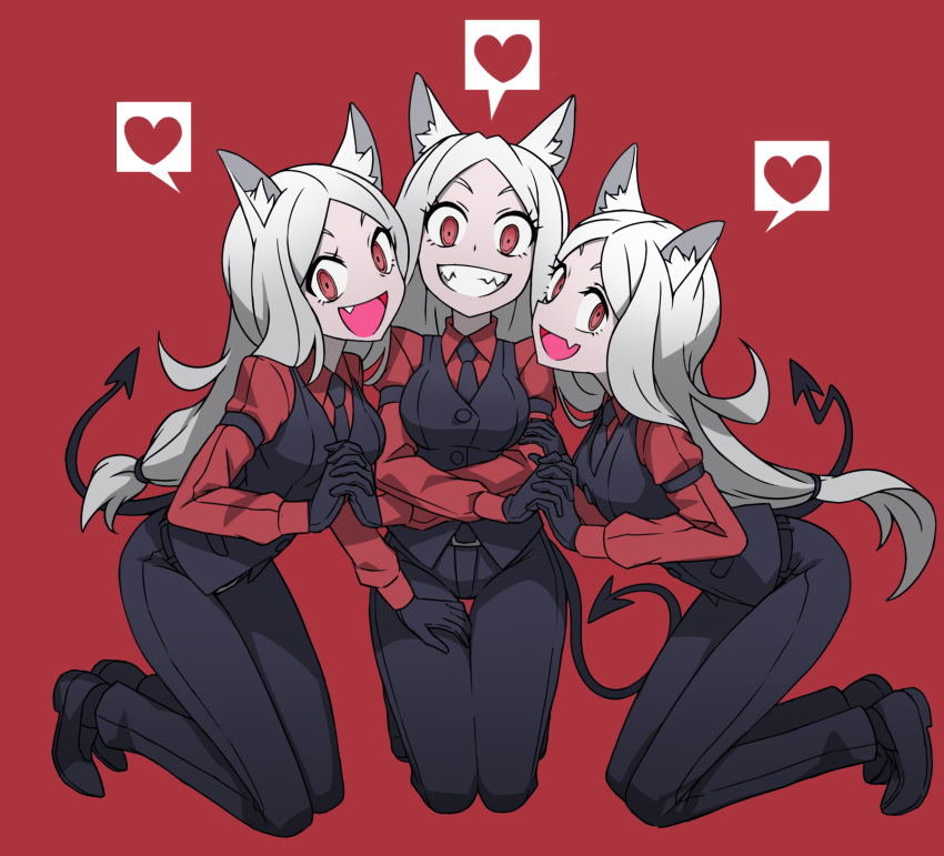 3girls animal_ears arm_garter black_suit black_tail black_vest breasts cerberus_(helltaker) commentary_request demon_girl demon_tail dog_ears fang gloves heart helltaker highres holding_hands kk_aa_nn_ii kneeling long_hair looking_at_viewer multiple_girls multiple_persona neckwear open_mouth red_eyes red_shirt shirt silver_hair smile spoken_heart tail triplets vest