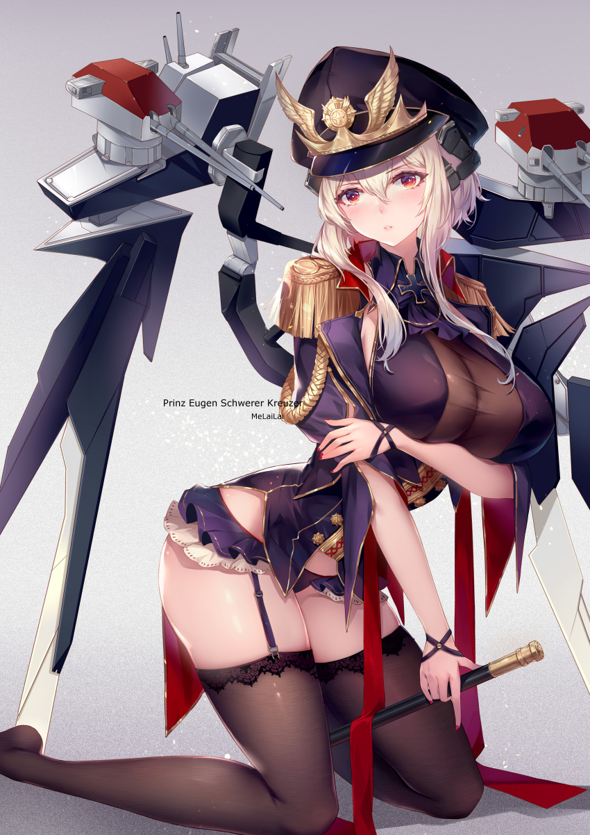 1girl absurdres black_legwear blonde_hair blue_oath blush breasts character_name cross cross_necklace crossed_arms dress garter_straps grey_background hat highres huge_filesize jewelry large_breasts long_hair looking_at_viewer melailai military_hat necklace prinz_eugen_(blue_oath) red_eyes solo thigh-highs thighs