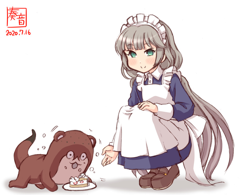 1girl alternate_costume apron artist_logo blue_dress bokukawauso brown_footwear commentary_request dated dress enmaided feeding frilled_apron frills green_eyes grey_hair highres kanon_(kurogane_knights) kantai_collection loafers long_dress long_hair long_sleeves looking_at_viewer low_twintails maid mikura_(kantai_collection) otter plate shoes simple_background smile squatting twintails white_apron white_background