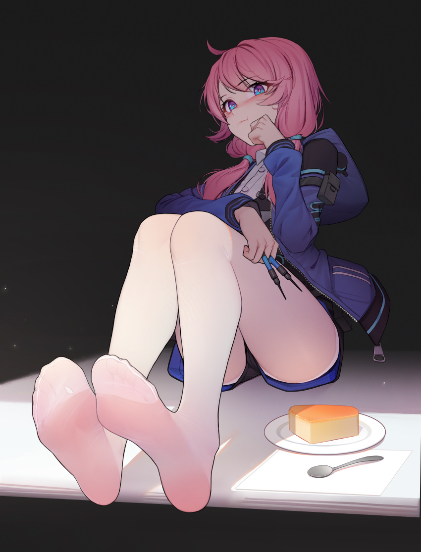 1girl :t absurdres arknights ass between_fingers black_shorts blue_eyes blue_jacket blue_poison_(arknights) cake cake_slice dart feet food hair_over_shoulder hand_up highres hood hood_down hooded_jacket jacket jiachong_jun_z knees_up long_hair long_sleeves looking_at_viewer low_twintails pantyhose pink_hair plate shirt short_shorts shorts sitting solo thighs twintails white_legwear white_shirt