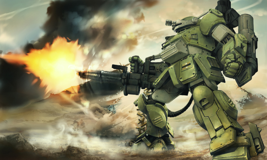 battlefield bullet clenched_hands firing gatling_gun gun holding holding_gun holding_weapon holstered_weapon mecha military no_humans science_fiction scopedog soukou_kihei_votoms weapon wow1030