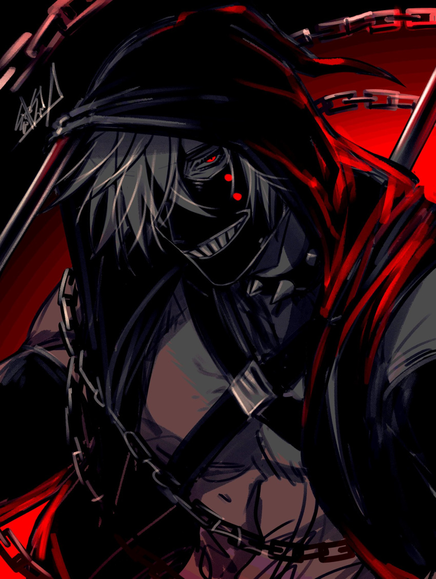 #compass 13_kcf 1boy abs bare_chest belt black_gloves chain collar collarbone elbow_gloves gloves grin highres hood hooded_jacket hoodie jacket looking_at_viewer male_focus mask mouth_mask official_style open_clothes red_eyes shirtless signature silver_hair smile smirk solo spikes thirteen_(#compass) white_hair