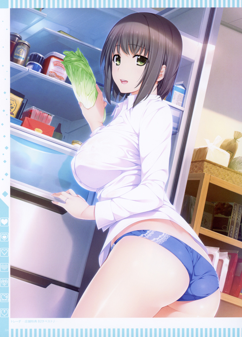 1girl absurdres ass bangs breasts eyebrows_visible_through_hair food highres holding huge_filesize iizuki_tasuku indoors kurihara_aiko large_breasts looking_at_viewer looking_back niizuma_lovely_x_cation scan shiny shiny_hair simple_background solo thighs