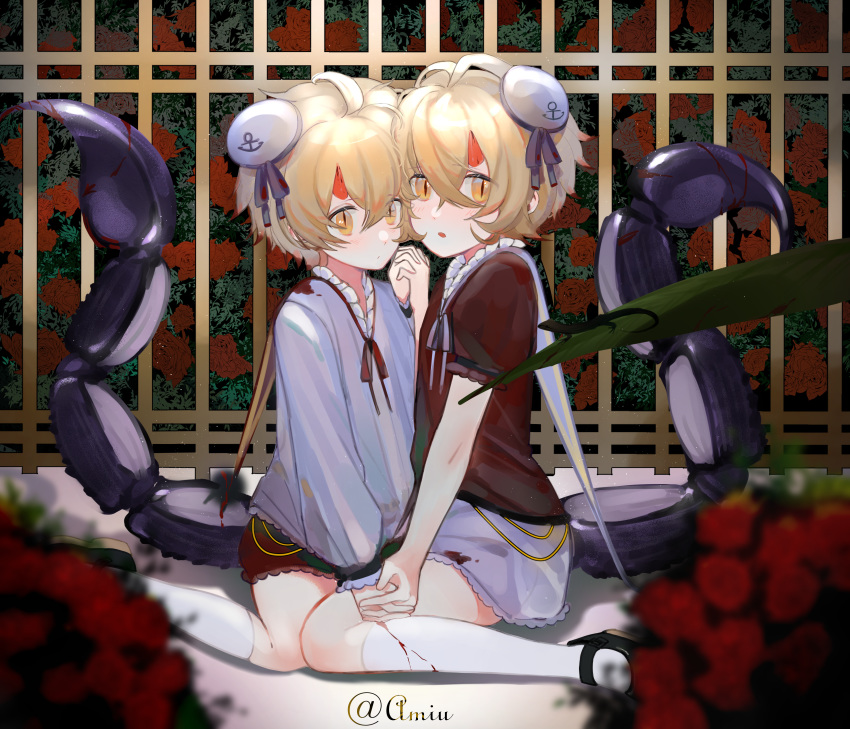 2boys absurdres ahoge amiu blonde_hair blush flower highres holding_hands looking_at_viewer male_focus multiple_boys original rose scorpion_tail siblings slit_pupils tail twins yellow_eyes