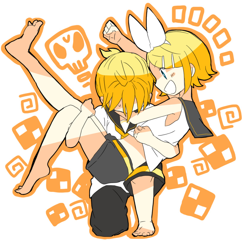1boy 1girl 7:24 :d arm_up bare_legs bare_shoulders blonde_hair blue_eyes blush bow brother_and_sister carrying cheering clenched_hand crop_top hair_bow hair_ornament hairclip highres kagamine_len kagamine_rin leg_up midriff necktie one_knee open_mouth princess_carry sailor_collar shirt short_hair short_ponytail shorts siblings skull sleeveless sleeveless_shirt smile sweat sweatdrop tired twins vocaloid yellow_neckwear
