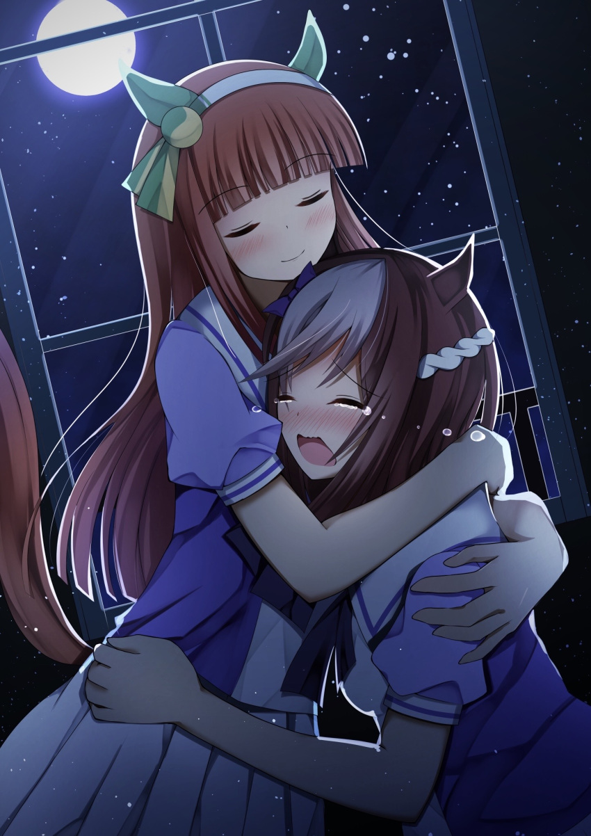 2girls animal_ears bangs blunt_bangs blush bow brown_hair closed_eyes comforting crying ear_covers eyebrows_visible_through_hair full_moon hairband highres horse_ears horse_girl horse_tail hug long_hair moon multicolored_hair multiple_girls night night_sky open_mouth orange_hair ribbon school_uniform short_hair short_sleeves silence_suzuka skirt sky smile special_week sure_ibu tail two-tone_hair umamusume white_hair yuri