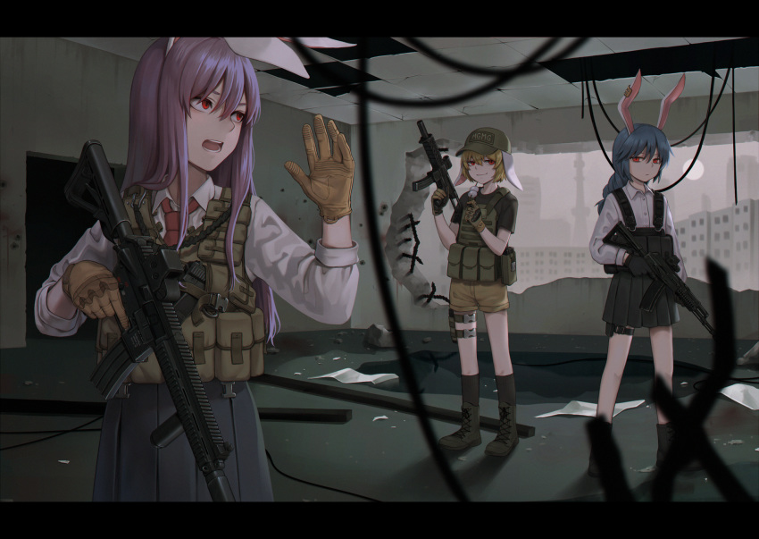 3girls animal_ears assault_rifle baseball_cap blonde_hair blue_hair blurry_foreground boots braid commentary dango english_commentary food foregrip gloves gun hat highres holding holding_gun holding_weapon indoors letterboxed load_bearing_vest long_hair multiple_girls necktie plate_carrier pleated_skirt purple_hair rabbit_ears red_eyes reiji-rj reisen_udongein_inaba rifle ringo_(touhou) ruins seiran_(touhou) short_hair short_shorts shorts skirt touhou wagashi weapon weapon_request