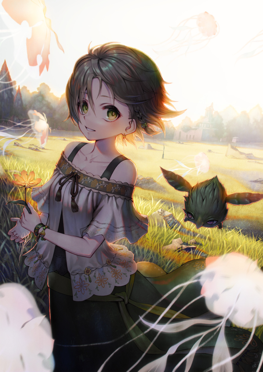 1girl bead_bracelet beads bracelet braid brown_hair day dress earrings fantasy field flower highres jellyfish jewelry looking_at_viewer original outdoors parted_lips rock sho_(sumika) short_hair smile solo standing wristband