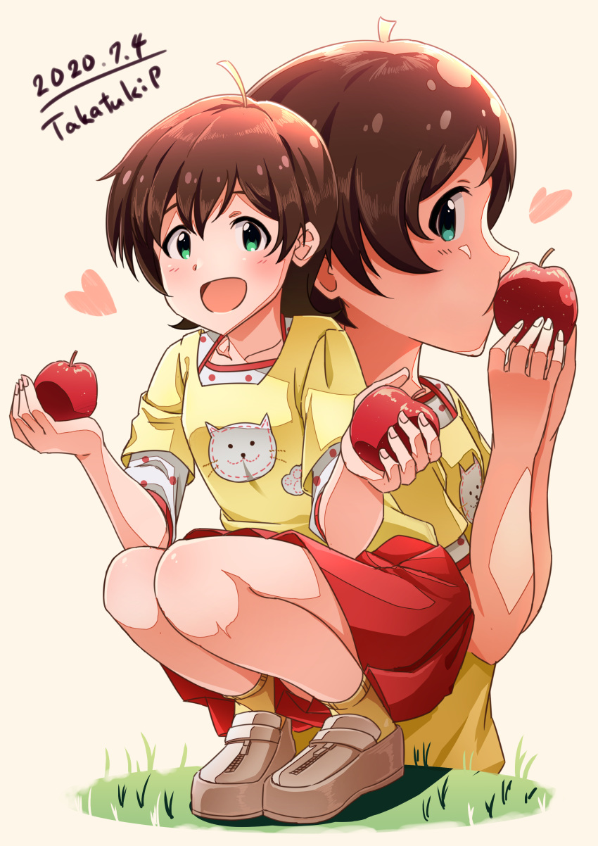 1girl :d absurdres ahoge apple blush brown_footwear brown_hair dated food from_side fruit full_body green_eyes heart highres holding holding_food holding_fruit idolmaster idolmaster_million_live! kinoshita_hinata looking_at_viewer multiple_views open_mouth red_skirt shirt short_hair signature simple_background skirt smile squatting takatsuki_p upper_body white_shirt yellow_eyes yellow_shirt