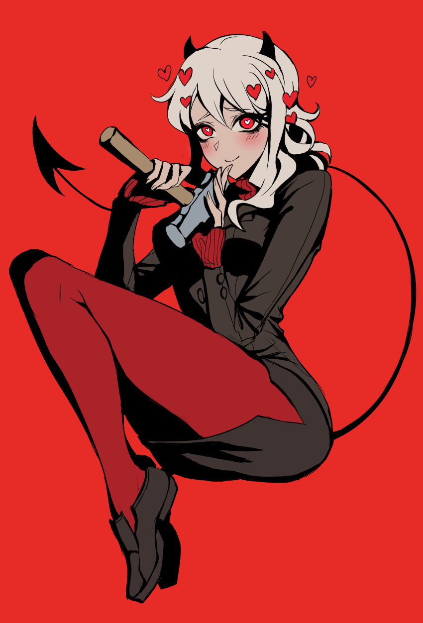 absurdres black_horns blush demon_girl demon_horns demon_tail faesu formal hammer heart heart-shaped_pupils helltaker highres holding holding_hammer horns knees_to_chest looking_at_viewer modeus_(helltaker) pantyhose red_background red_eyes red_legwear sitting smile suit symbol-shaped_pupils tail white_hair
