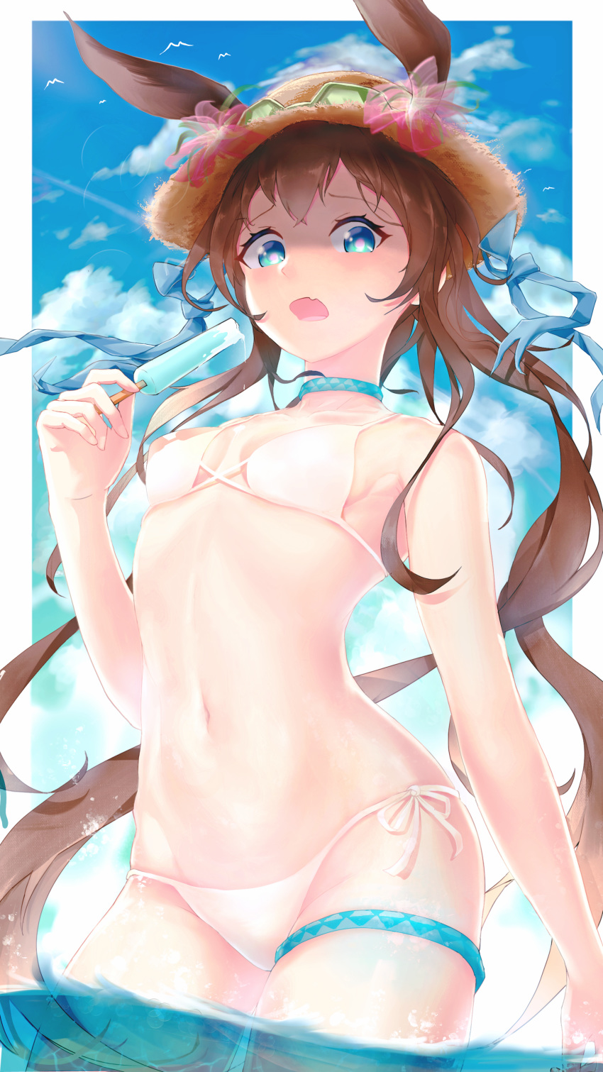 1girl absurdres amiya_(arknights) animal_ears arknights bangs bikini blue_eyes blue_sky breasts brown_hair clouds day ears_through_headwear food hat highres long_hair looking_at_viewer navel ocean open_mouth outdoors popsicle rabbit_ears shaded_face shiny shiny_skin sky small_breasts solo straw_hat sunglasses swimsuit wangzili_shitoumen white_bikini