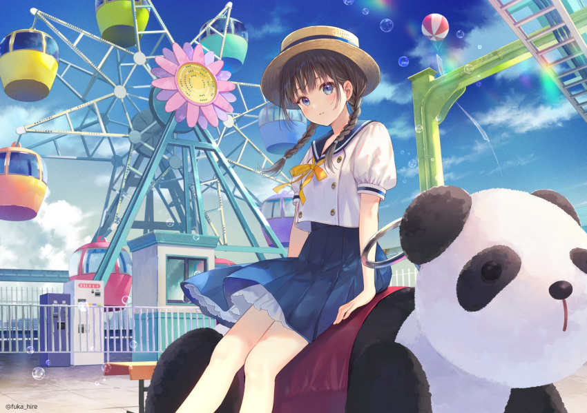 blood blue_eyes blue_skirt blush braid brown_hair bubble clouds ferris_wheel fukahire_(ruinon) hat nosebleed original ribbon school_uniform short_twintails skirt skirt_lift stuffed_animal stuffed_panda stuffed_toy twintails yellow_ribbon