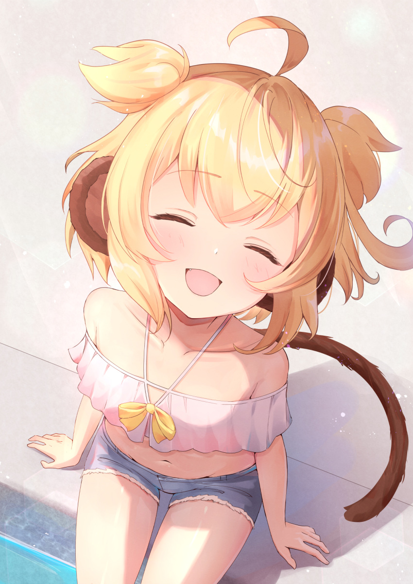 1girl ahoge alternate_costume andira_(granblue_fantasy) animal_ears bare_shoulders blue_shorts blush closed_mouth collarbone facing_viewer granblue_fantasy highres kimblee medium_hair midriff monkey_ears monkey_tail navel open_mouth short_shorts shorts sitting smile solo tail twintails two_side_up