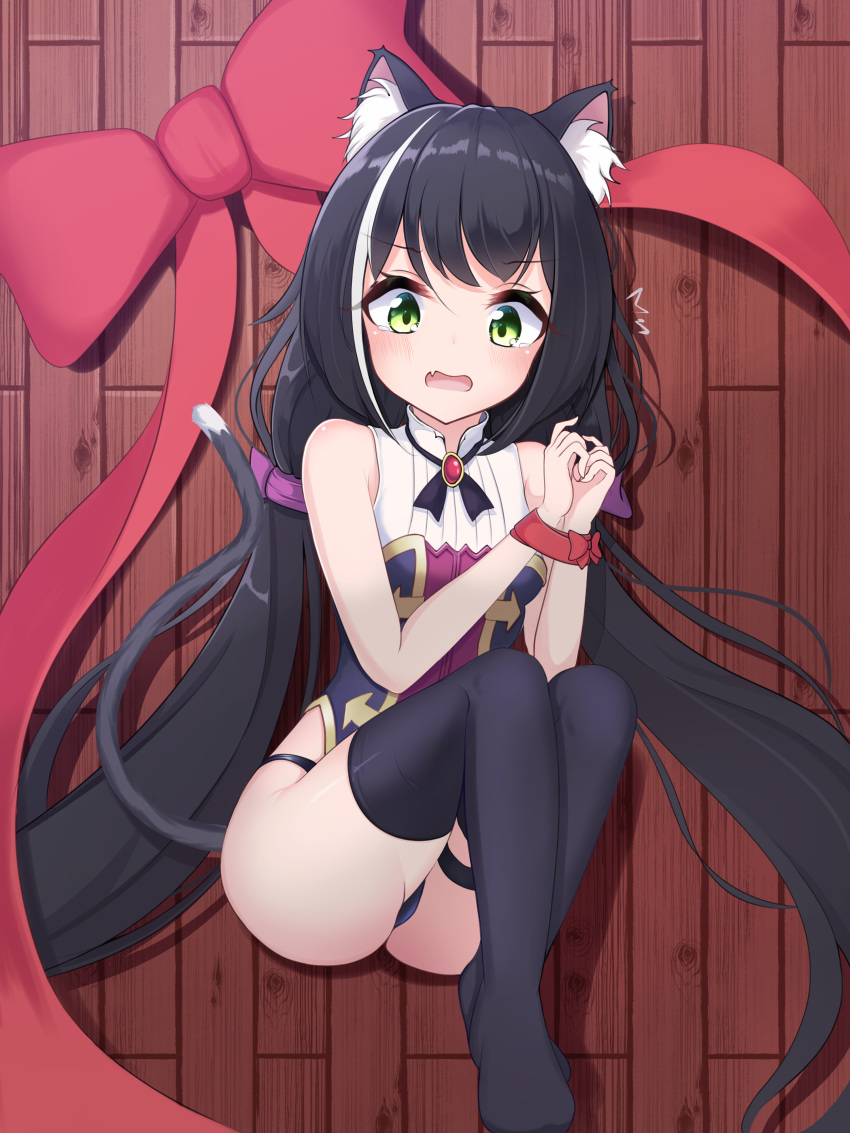 1girl absurdres animal_ear_fluff animal_ears ass bangs bare_shoulders black_hair black_legwear black_panties blush bound bow breasts cat_ears cat_girl cat_tail commentary_request dress eyebrows_visible_through_hair fang from_above gem green_eyes highres karyl_(princess_connect!) large_bow long_hair looking_at_viewer low_twintails multicolored_hair no_shoes open_mouth panties princess_connect! princess_connect!_re:dive red_bow sleeveless sleeveless_dress small_hands solo streaked_hair tail tearing_up thigh-highs twintails underwear very_long_hair white_hair wooden_floor zangi_(lkt2012)