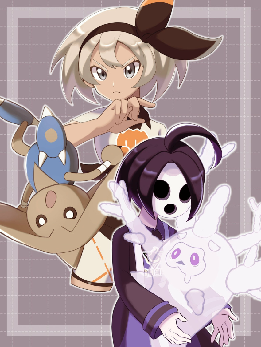 1boy 1girl ahoge black_bodysuit black_hair black_hairband bodysuit bodysuit_under_clothes closed_mouth collared_shirt commentary_request cursola gen_2_pokemon gen_8_pokemon grey_hair gym_leader hairband hand_up highres hitmontop mask onion_(pokemon) pokemon pokemon_(creature) pokemon_(game) pokemon_swsh print_shirt print_shorts saitou_(pokemon) shirt short_hair short_sleeves shorts suspenders tem_(mimoteurur013) v-shaped_eyebrows