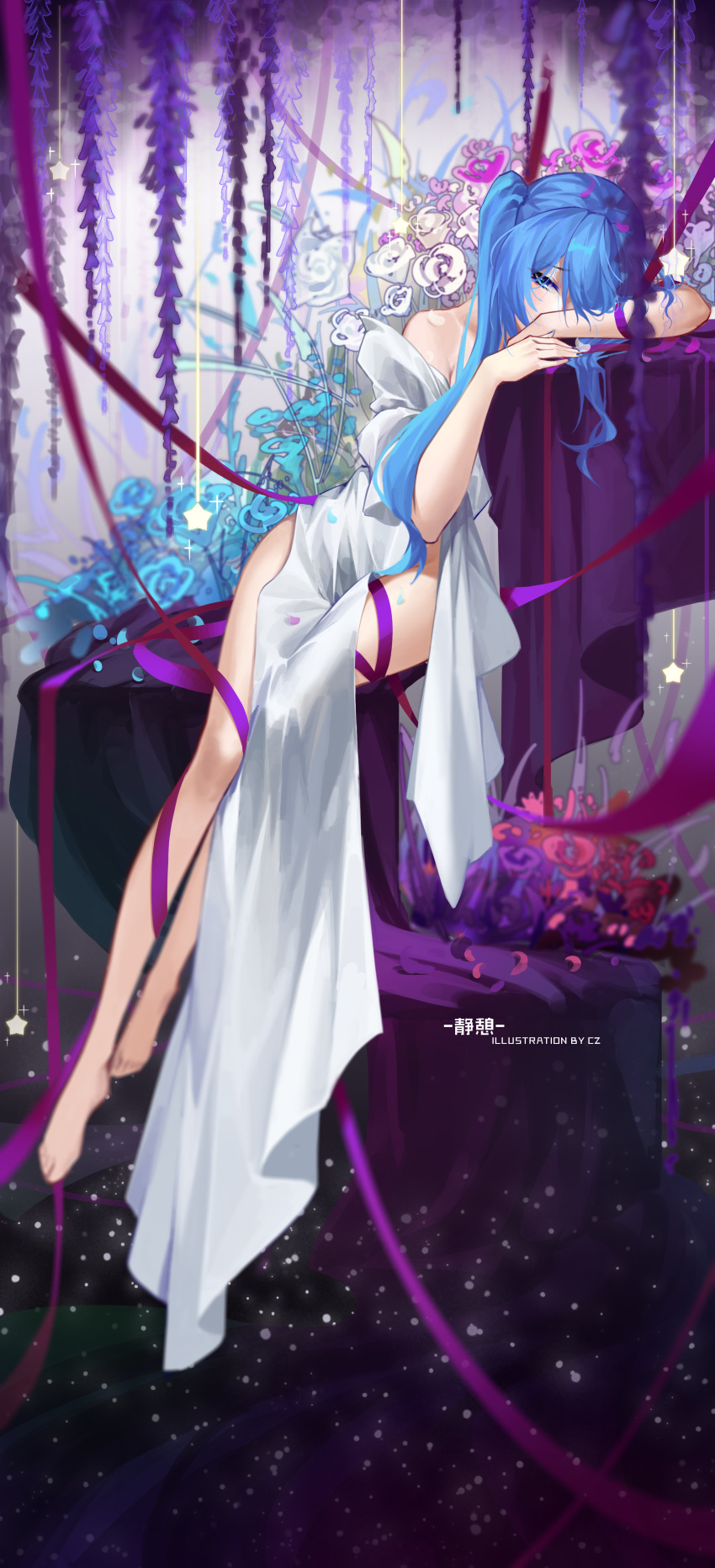 1girl absurdres arm_support artist_name bangs bare_legs blue_eyes blue_hair blue_nails blurry collarbone cz_(mikumikumi) depth_of_field dress flower full_body hair_over_one_eye highres hololive hoshimachi_suisei huge_filesize long_hair nail_polish off_shoulder pelvic_curtain rose solo sparkle star_(symbol) twintails very_long_hair virtual_youtuber white_dress white_flower white_rose wisteria