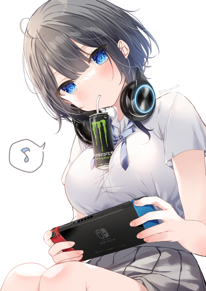 1girl bangs bendy_straw black_hair blue_eyes blue_neckwear blush brand_name_imitation breasts can closed_mouth collared_shirt commentary_request dress_shirt drinking_straw eighth_note energy_drink eyebrows_visible_through_hair grey_skirt headphones headphones_around_neck highres holding looking_at_viewer mafuyu_(chibi21) medium_breasts musical_note nintendo_switch object_on_breast original playing_games pleated_skirt shirt short_hair short_sleeves simple_background sitting skirt solo spoken_musical_note twitter_username white_background white_shirt