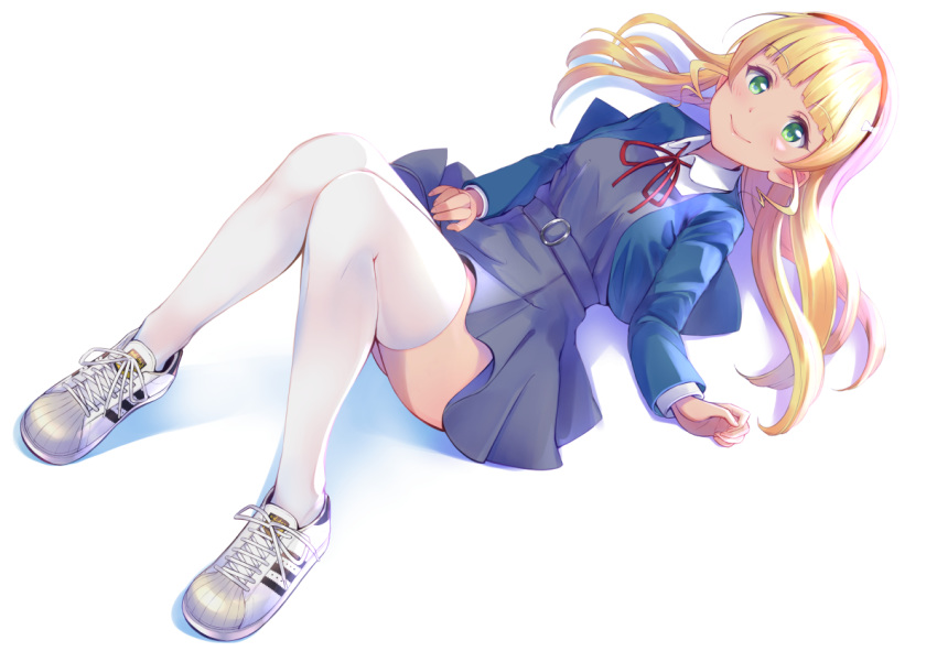 1girl adidas bangs blonde_hair blue_jacket blunt_bangs blush collar cowengium dress eyebrows_visible_through_hair from_above green_eyes grey_dress hairband heanna_sumire jacket knees_up long_hair long_sleeves looking_at_viewer love_live! love_live!_superstar!! multicolored_footwear pleated_dress product_placement red_hairband red_neckwear red_ribbon ribbon school_uniform shoes simple_background smile sneakers solo thigh-highs white_background white_collar white_legwear