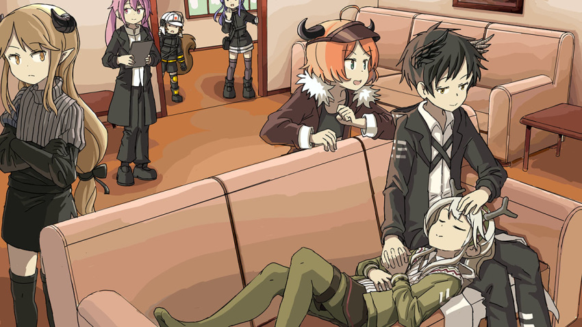 2boys 5girls adrian_ferrer animal_ears ansel_(arknights) arknights couch cow_horns croissant_(arknights) crossed_arms deer_antlers demon_horns doctor_(arknights) firewatch_(arknights) horns lap_pillow meteorite_(arknights) multiple_boys multiple_girls petting pointy_ears rabbit_ears rope_(arknights) shaw_(arknights) sleeping sleeping_on_person smile squirrel_tail tail