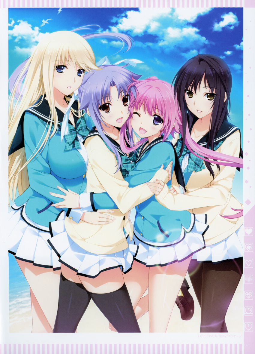 4girls :d ;d absurdres aqua_jacket aqua_neckwear black_hair black_legwear blazer blue_eyes blue_sky breasts brown_eyes cardigan clouds cloudy_sky day girl_sandwich group_hug highres hug huge_filesize iizuki_tasuku izumi_wakoto jacket large_breasts leg_up lens_flare lens_flare_abuse loafers long_hair long_sleeves lovely_x_cation_2 multiple_girls narukawa_hime nirasaki_hinata official_art one_eye_closed open_mouth parted_lips pink_hair plaid_neckwear platinum_blonde_hair pleated_skirt purple_hair sailor_collar sandwiched scan school_uniform shoes skirt sky sleeves_past_wrists smile thigh-highs twintails violet_eyes yellow_cardigan yoshinoya_seine