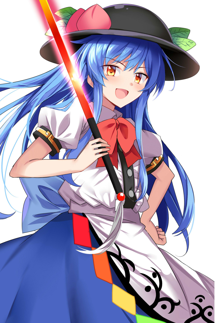 1girl :d blue_hair blue_skirt bow bowtie commentary_request e.o. eyebrows_visible_through_hair food fruit hand_on_hip hat highres hinanawi_tenshi long_hair looking_at_viewer open_mouth orange_eyes peach puffy_short_sleeves puffy_sleeves red_neckwear short_sleeves simple_background skirt smile solo sword_of_hisou touhou white_background