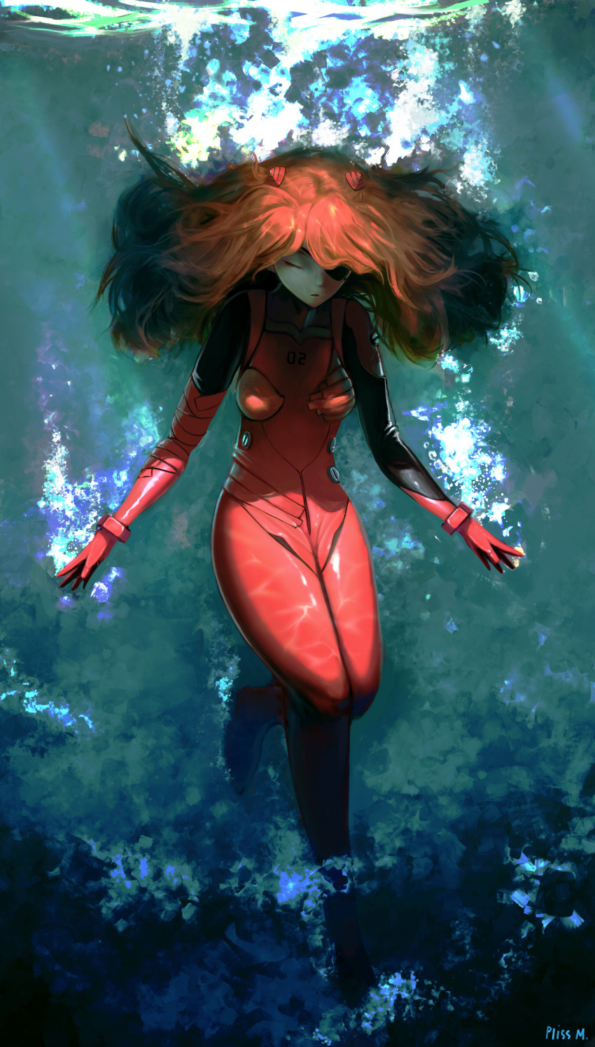 1girl absurdres big_hair bodysuit breasts closed_eyes evangelion:_3.0_you_can_(not)_redo eyepatch floating_hair full_body highres interface_headset long_hair making-of_available multicolored multicolored_bodysuit multicolored_clothes neon_genesis_evangelion one-eyed orange_hair pilot_suit pliss_m plugsuit rebuild_of_evangelion red_bodysuit shikinami_asuka_langley small_breasts solo souryuu_asuka_langley test_plugsuit underwater water
