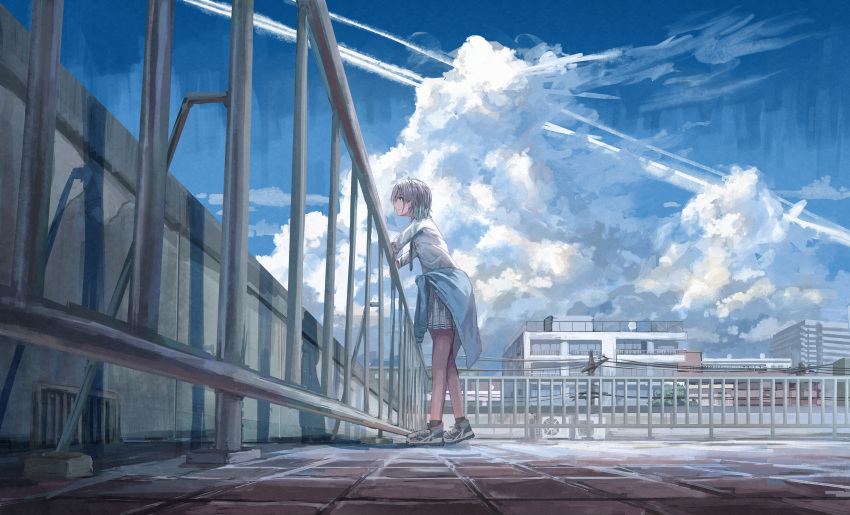 1girl absurdres ahoge asakura_tooru black_hair black_neckwear blue_hair blue_jacket blue_sky brown_hair building cityscape clothes_around_waist clouds condensation_trail day gradient_hair guard_rail highres huge_filesize idolmaster idolmaster_shiny_colors jacket jacket_around_waist miniskirt multicolored_hair necktie nemu_kotatsu outdoors plaid plaid_skirt pleated_skirt rooftop school_uniform shirt shoes short_hair skirt sky sneakers solo summer white_shirt