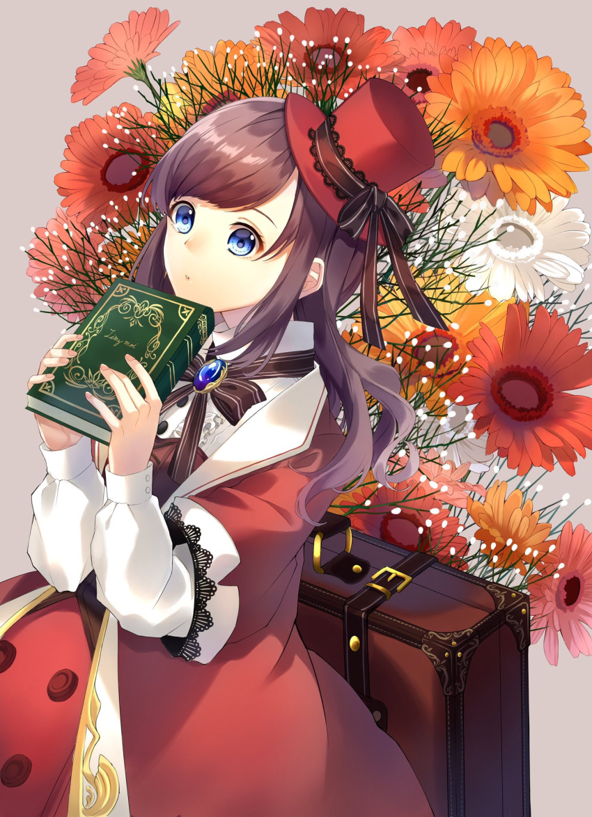 1girl blue_eyes book brooch brown_hair brown_ribbon dress flower grey_background hat hat_ribbon highres holding holding_book jewelry long_hair long_sleeves luggage mochidukii original red_dress red_headwear ribbon simple_background solo standing tilted_headwear
