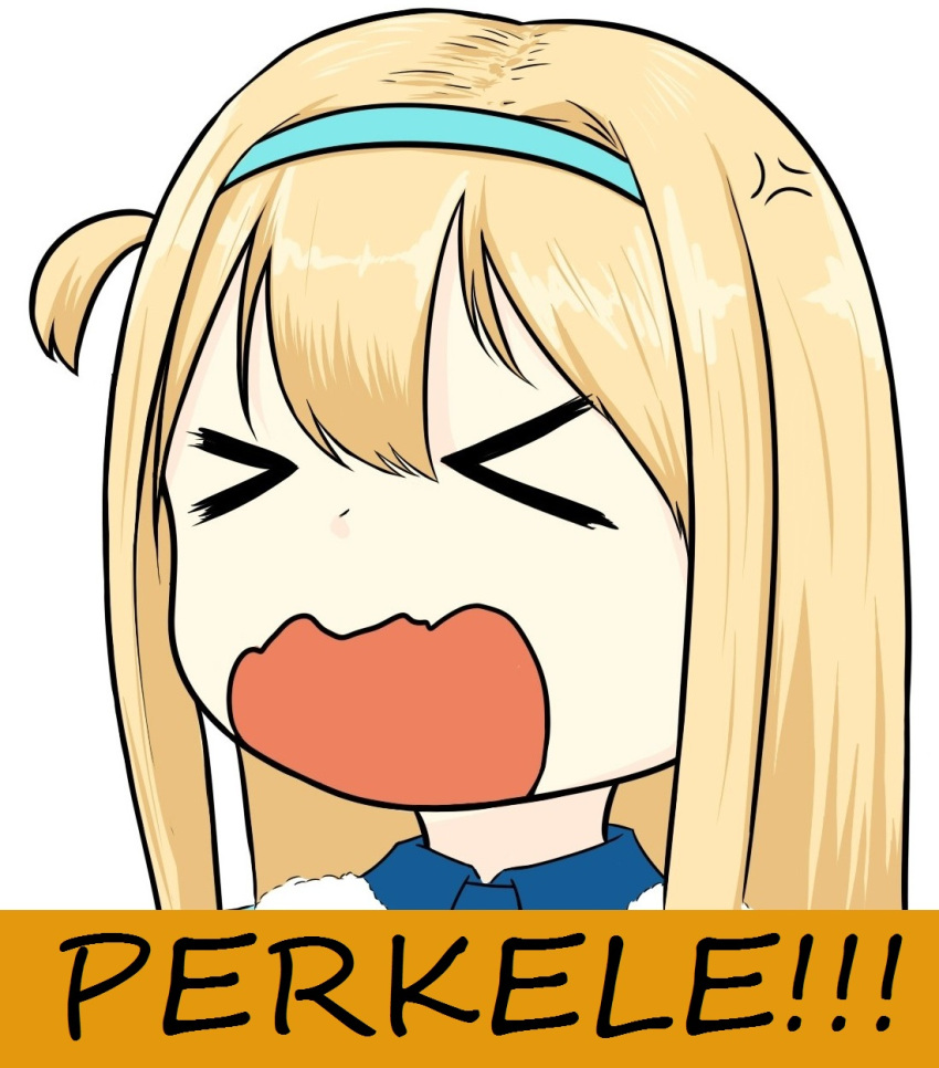 !! &gt;_&lt; 1girl blonde_hair finnish_text girls_frontline headband highres long_hair open_mouth shouting sidoaldo solo suomi_kp31_(girls_frontline) wavy_mouth