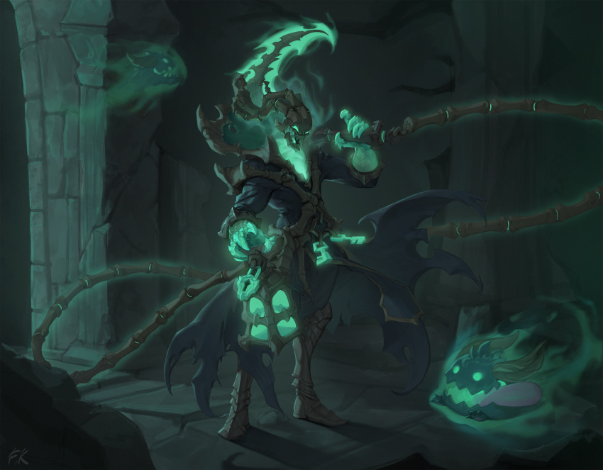 1boy crack cracked_wall floating flying glowing glowing_eyes glowing_weapon green_eyes highres holding holding_weapon hwoking indoors lantern league_of_legends lock male_focus open_mouth poro_(league_of_legends) sickle signature smile solo spirits standing thresh tongue tongue_out weapon