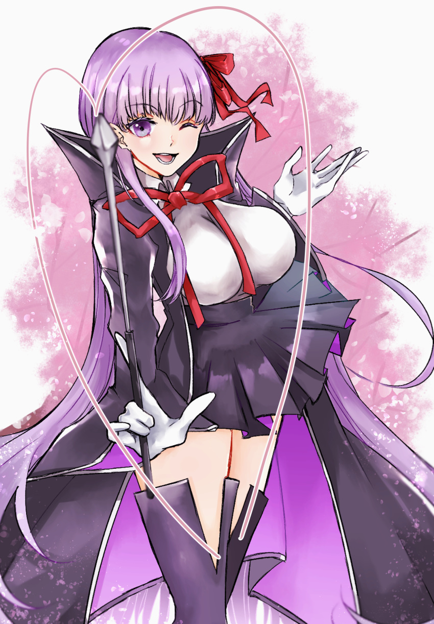 1girl absurdres artist_request bangs bb_(fate)_(all) bb_(fate/extra_ccc) black_coat black_legwear black_skirt blush breasts coat fate/extra fate/extra_ccc fate_(series) gloves hair_ribbon heart high-waist_skirt highres holding holding_wand large_breasts leotard long_hair long_sleeves looking_at_viewer neck_ribbon one_eye_closed open_clothes open_coat open_mouth popped_collar purple_hair red_ribbon ribbon skirt smile thighs very_long_hair violet_eyes wand white_gloves white_leotard wide_sleeves