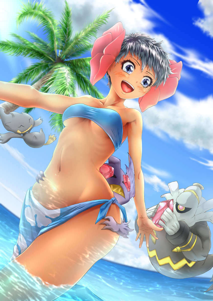 1girl :d absurdres bandeau banette bangs bare_shoulders black_hair blue_eyes blue_sarong blue_sky blush breasts clouds collarbone commentary_request covered_nipples cowboy_shot dark_skin day dusknoir elite_four flower fuyou_(pokemon) gen_3_pokemon gen_4_pokemon groin hair_flower hair_ornament highres kuwahara_yuyu looking_at_another mega_pokemon mega_sableye midriff navel ocean open_mouth palm_tree pokemon pokemon_(creature) pokemon_(game) pokemon_oras print_sarong ribs sableye sarong short_hair sky small_breasts smile solo_focus standing tree under_boob upper_teeth wading