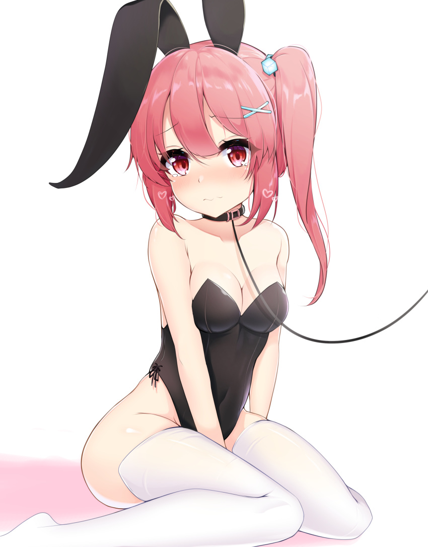 1girl absurdres animal_ears ass bangs bare_arms bare_shoulders between_legs black_collar blush breasts bunny_girl bunnysuit collar collarbone commentary_request covered_navel fake_animal_ears hair_ornament hand_between_legs highres leash long_hair looking_at_viewer medium_breasts original pink_hair rabbit_ears red_eyes side_ponytail simple_background sitting solo tearing_up thigh-highs wavy_mouth white_background white_legwear x_hair_ornament zangi_(lkt2012)