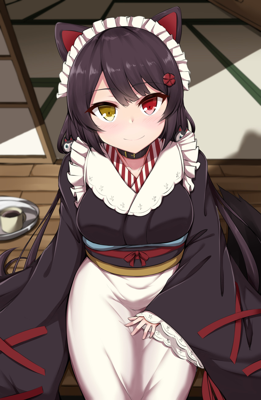 1girl absurdres animal_ears apron black_hair black_kimono breasts brown_eyes closed_mouth commentary_request cup dog_ears dog_girl dog_hair_ornament dog_tail heterochromia highres inui_toko japanese_clothes kimono kirikan long_hair long_sleeves low_twintails maid_headdress medium_breasts nijisanji obi red_eyes sash sitting sleeves_past_wrists smile solo tail tray twintails veranda very_long_hair virtual_youtuber wa_maid waist_apron white_apron wide_sleeves