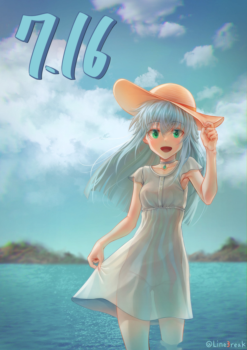 1girl absurdres alice_gear_aegis blue_hair choker clouds commentary_request dated dress eyebrows_visible_through_hair green_eyes hat highres holding holding_dress holding_hat jewelry lake line3reak ochanomizu_mirie open_mouth see-through sky smile solo standing sun_hat twitter_username wading water white_dress