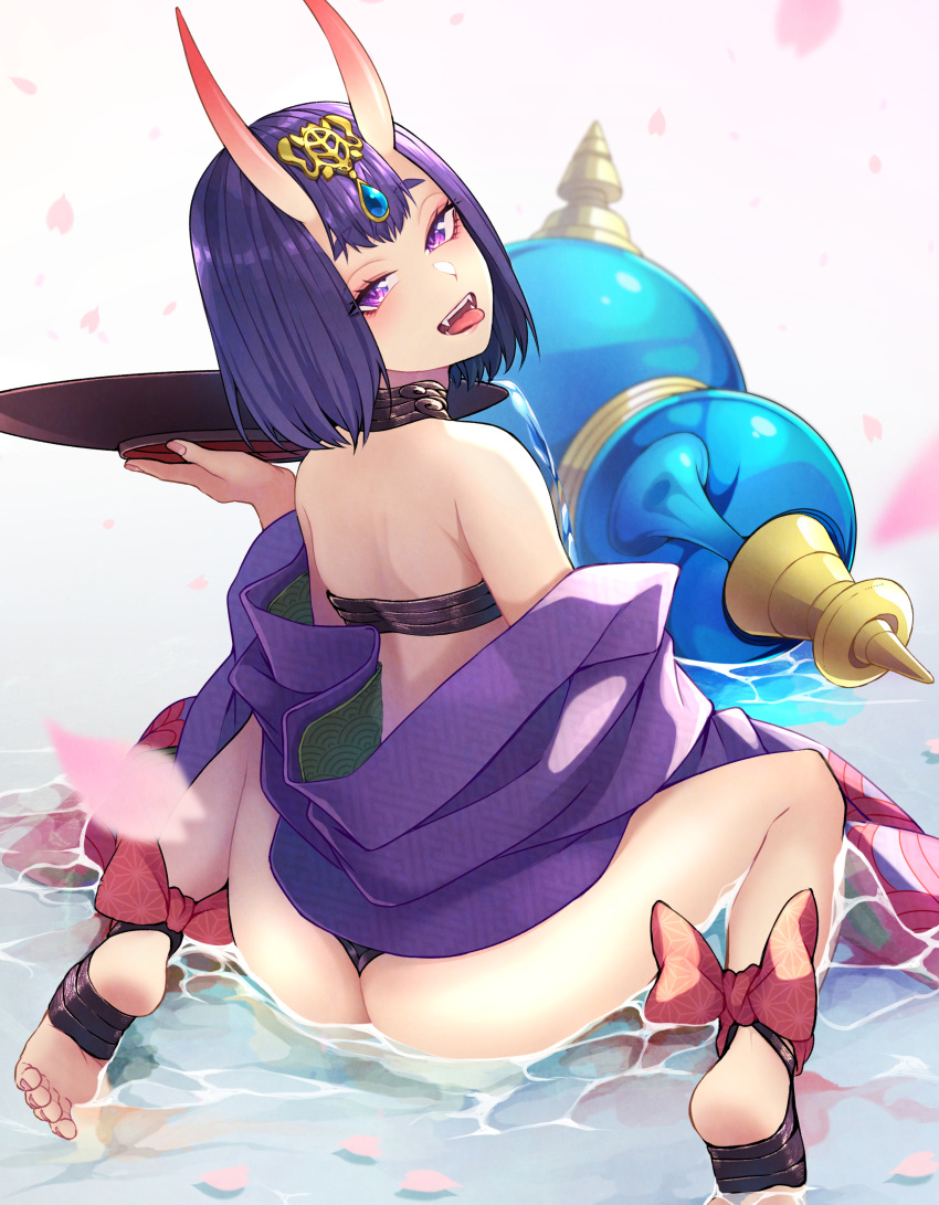 1girl absurdres ass bangs bare_shoulders bob_cut bow breasts commentary_request fangs fate/grand_order fate_(series) from_behind gem highres holding horns japanese_clothes kimono kobaji looking_at_viewer off-shoulder_kimono off_shoulder oni oni_horns open_mouth purple_hair purple_kimono red_bow short_eyebrows short_hair shuten_douji_(fate/grand_order) sitting skin-covered_horns small_breasts smile soles solo tongue tongue_out violet_eyes wading