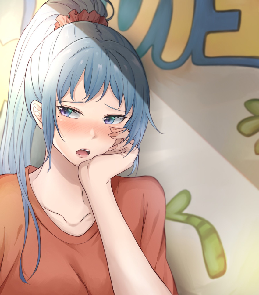 1girl :o bangs blue_hair blush hand_on_own_cheek high_ponytail highres indoors kawasaki_saki lightpicture33 long_hair long_ponytail looking_to_the_side mole mole_under_mouth open_mouth orange_shirt scrunchie shirt short_sleeves sidelocks t-shirt violet_eyes yahari_ore_no_seishun_lovecome_wa_machigatteiru.