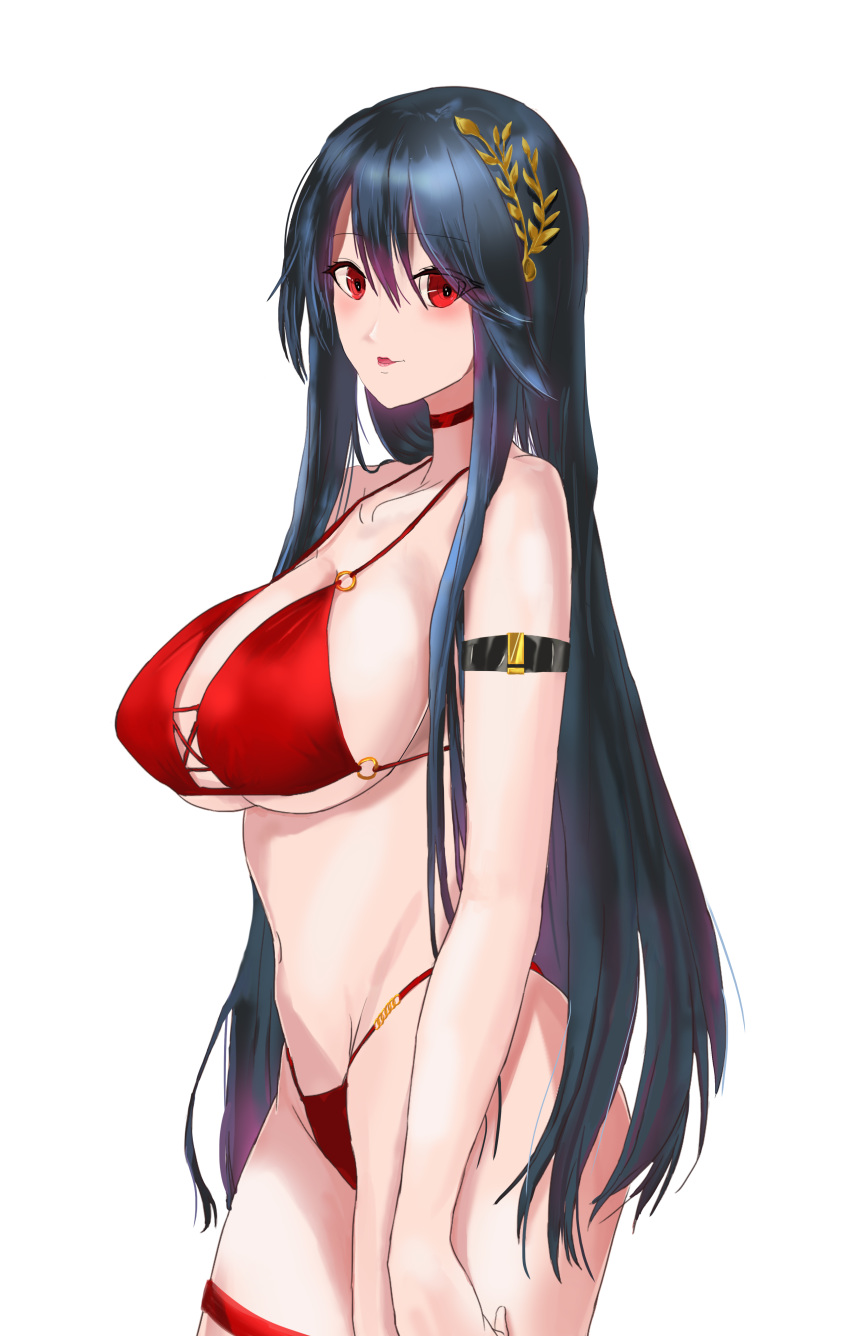 1girl absurdres azur_lane bikini black_hair breasts choker derivative_work hair_ribbon highres large_breasts long_hair looking_at_viewer navel open_mouth red_bikini red_choker red_eyes red_swimsuit ribbon solo stomach swimsuit taihou_(azur_lane) thighs white_background xiao_cuke