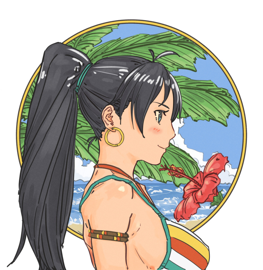 1girl beauty_swimsuit_(idolmaster) black_hair blue_eyes breasts closed_mouth earrings flower ganaha_hibiki hibiscus highres idolmaster jewelry large_breasts long_hair ooeyama_ken ponytail profile smile solo swimsuit