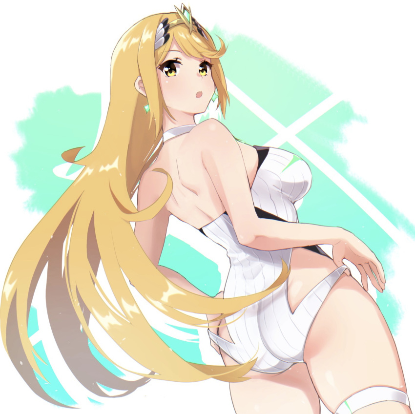 1girl blonde_hair earrings highres mythra_(xenoblade) jewelry mokki swimsuit white_swimsuit xenoblade_(series) xenoblade_2 yellow_eyes