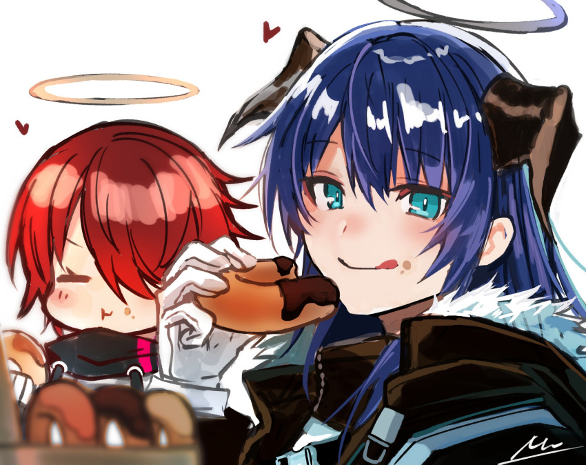 2girls arknights blue_eyes blue_hair doughnut eating exusiai_(arknights) food food_on_face gloves hair_over_one_eye halo highres horns licking_lips mostima_(arknights) multiple_girls nu_(dndnknkn) redhead signature tongue tongue_out white_background white_gloves