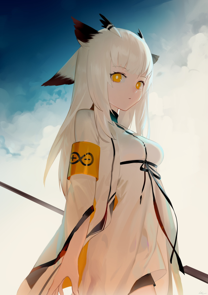 1girl absurdres animal_ears arknights armband bangs blue_sky clouds cloudy_sky day dress eyebrows_visible_through_hair highres holding holding_staff leiq long_sleeves looking_at_viewer medium_hair outdoors owl_ears ptilopsis_(arknights) rhine_lab_logo silver_hair sky solo staff white_dress yellow_eyes